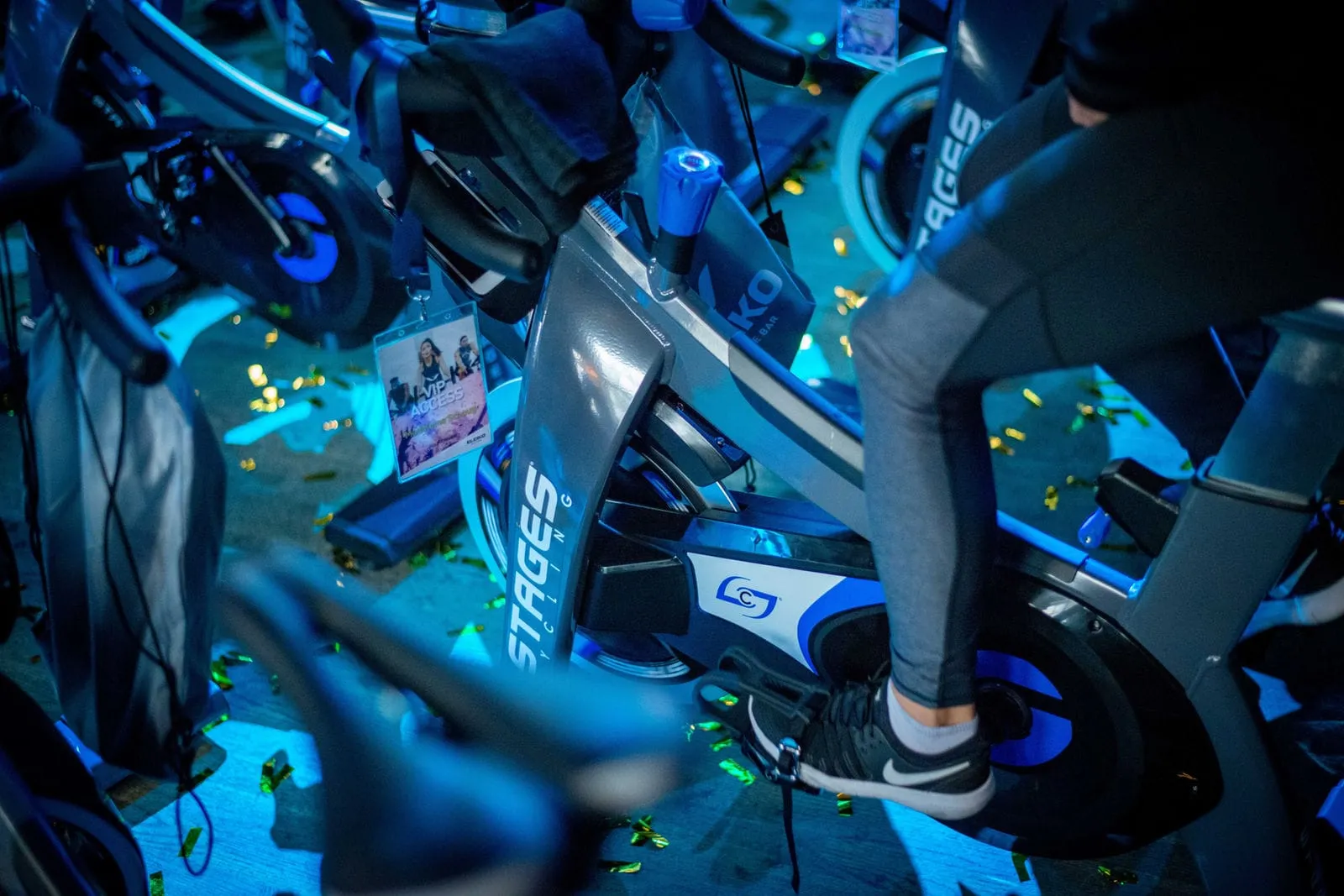 Indoor cycling studio with mood lighting